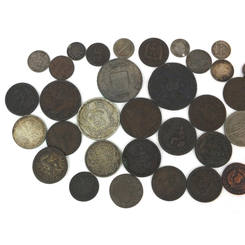 2782 - 18th Century British and world coinage, some silver, including halfpenny tokens and threepenny bits