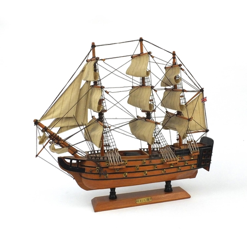 2219 - HMS Victory wooden model boat with canvas sails on stand, overall 45cm high