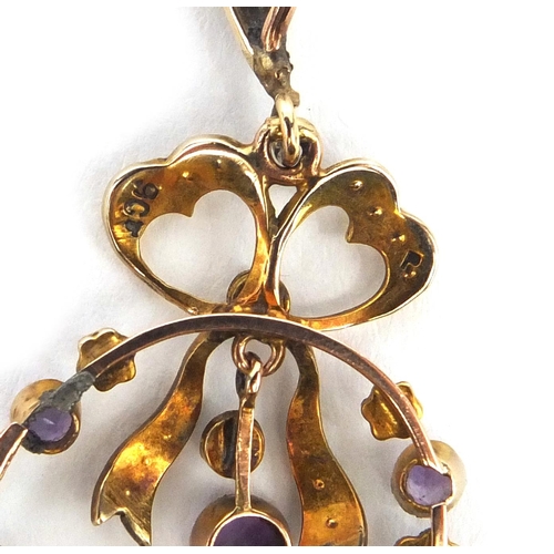 2528 - Edwardian 9ct gold amethyst and seed pearl pendant on a 10ct gold necklace, the pendant 4.5cm long, ... 