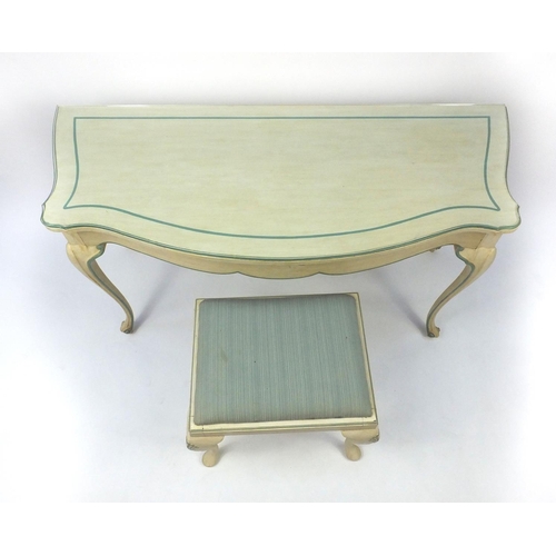 2020 - Cream and green painted console table fitted with a frieze drawer and a similar stool, the console t... 