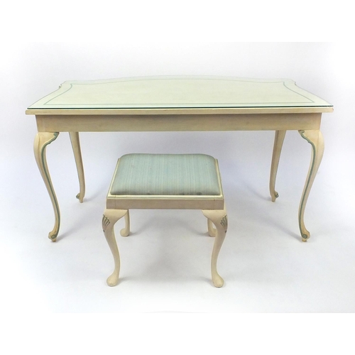 2020 - Cream and green painted console table fitted with a frieze drawer and a similar stool, the console t... 