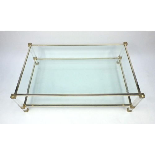 2034 - Pierre Vandel modern plate glass and lucite two tier coffee table, 40cm high x 125cm wide x 73cm dee... 