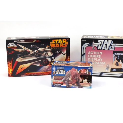 2336 - Five Star Wars vehicles and monsters all boxed, including action figure display diorama, Republic Gu... 