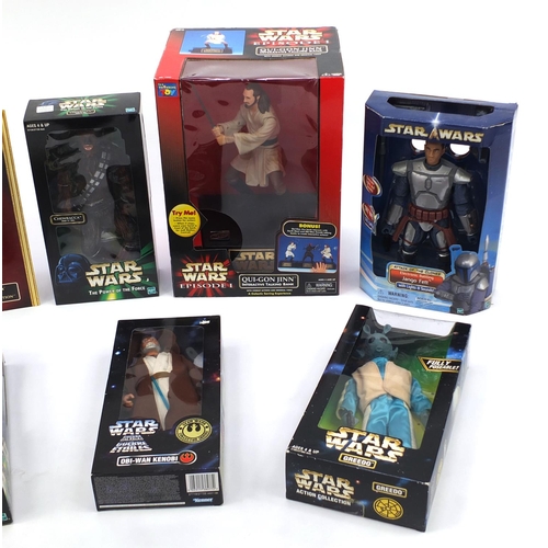 2332 - Nine Star Wars figures all boxed, including Qui-Gon Ginn interactive talking money bank