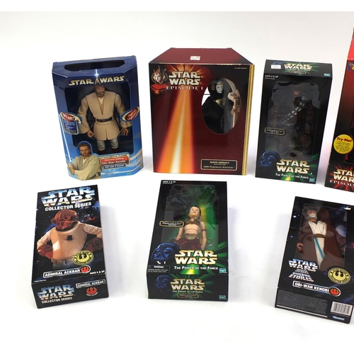 2332 - Nine Star Wars figures all boxed, including Qui-Gon Ginn interactive talking money bank