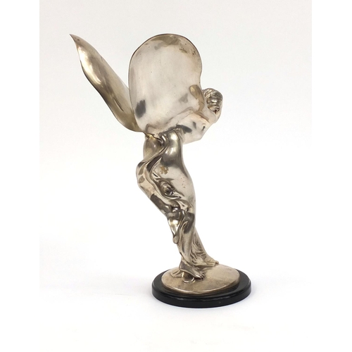 2225 - Large silver plated spirit of ecstasy mascot raised on a circular faux marble base, 52cm high