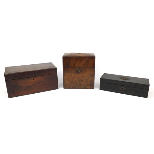 2357 - Three Victorian wooden boxes comprising a Briggs rosewood tea caddy, Wedgwood & Son bur walnut decan... 