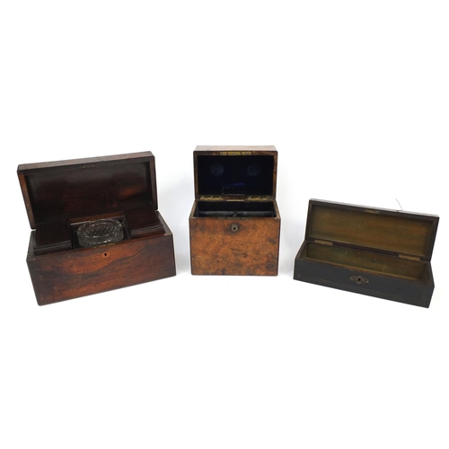 2357 - Three Victorian wooden boxes comprising a Briggs rosewood tea caddy, Wedgwood & Son bur walnut decan... 