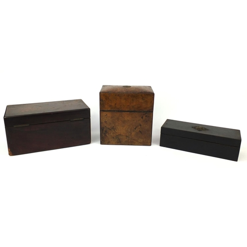 2357 - Three Victorian wooden boxes comprising a Briggs rosewood tea caddy, Wedgwood & Son bur walnut decan... 