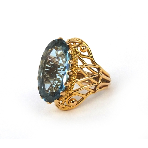 976 - French gold coloured metal aquamarine ring, size G, approximate weight 10.3g