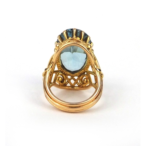 976 - French gold coloured metal aquamarine ring, size G, approximate weight 10.3g