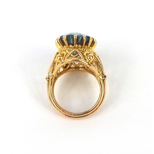 976 - French gold coloured metal aquamarine ring, size G, approximate weight 10.3g