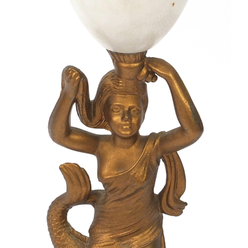 2226 - Gilt metal and alabaster table lamp, the column modelled as a female riding a dolphin, 78cm high