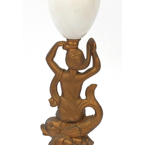 2226 - Gilt metal and alabaster table lamp, the column modelled as a female riding a dolphin, 78cm high