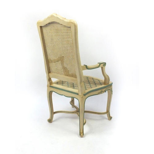 2015 - Set of six cream and green painted highback dining chairs with cane panelled backs and seats to incl... 