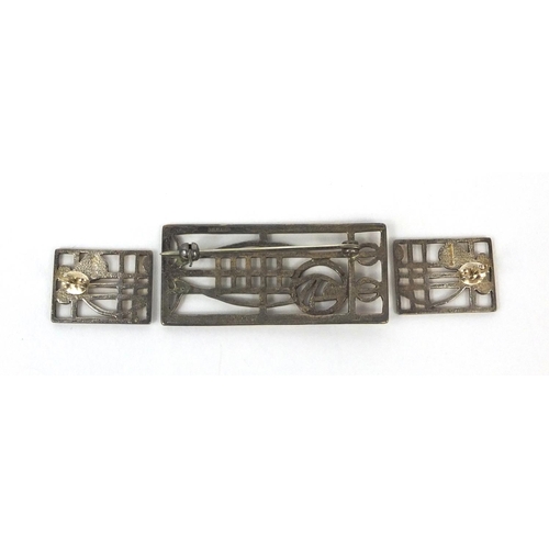 2660 - Rennie Mackintosh style silver brooch and earrings, the brooch 4.2cm long, approximate weight 8.7g