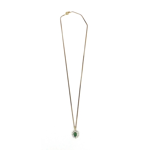 2594 - 9ct gold emerald and cubic zirconia pendant on a 9ct gold necklace, the pendant 2cm long, approximat... 