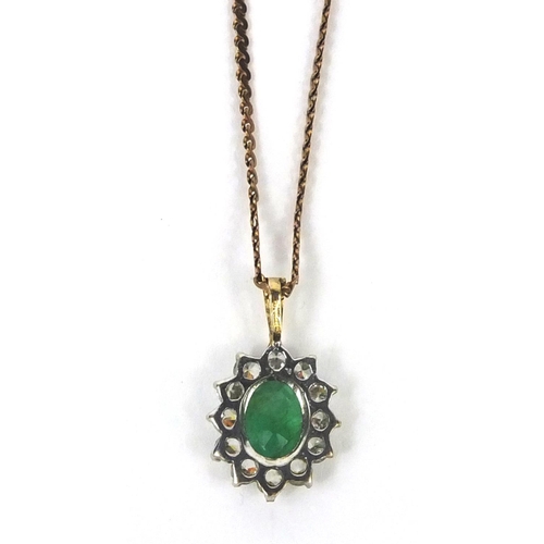 2594 - 9ct gold emerald and cubic zirconia pendant on a 9ct gold necklace, the pendant 2cm long, approximat... 