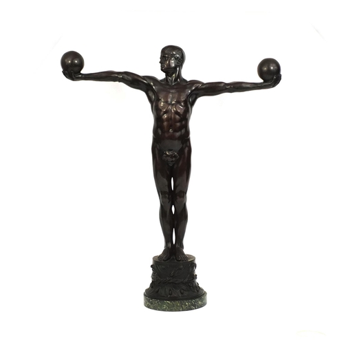 2070 - Simon Liebl bronze study of Atlas, standing semi-nude with both arms out stretched holding globes, r... 