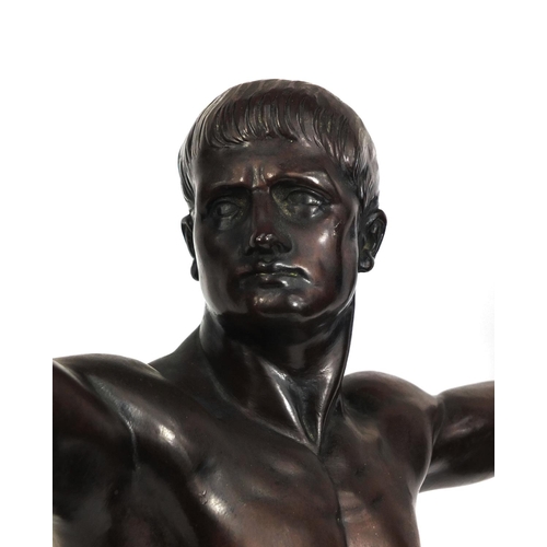 2070 - Simon Liebl bronze study of Atlas, standing semi-nude with both arms out stretched holding globes, r... 