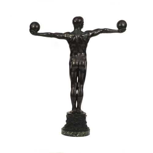 2070 - Simon Liebl bronze study of Atlas, standing semi-nude with both arms out stretched holding globes, r... 