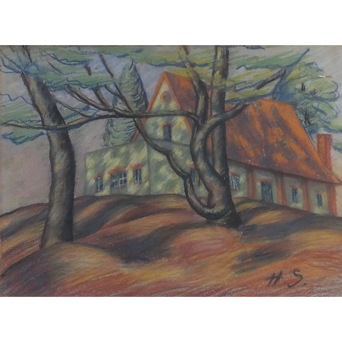 1129 - Scheiber - Pastel, two trees before a building, gilt framed, 38cm x 28cm excluding the frame
