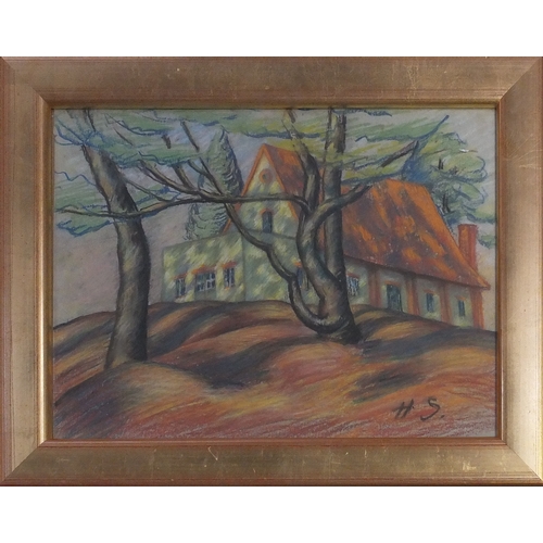 1129 - Scheiber - Pastel, two trees before a building, gilt framed, 38cm x 28cm excluding the frame