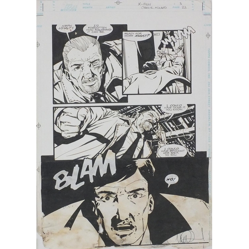 1164 - Five unframed hand painted comic art work, comprising pages 23 and 6 from issue 3 of X Files, page 1... 