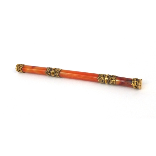 118 - 19th century agate dip pen, with floral gold mounts and seal top end, the seal top end intaglio moul... 