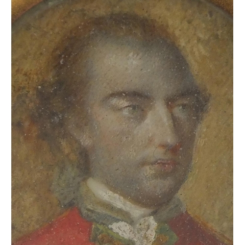 13 - Georgian oval portrait miniature onto ivory of a gentleman wearing a red tunic, housed in a gilt pen... 