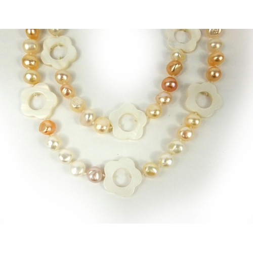 2647 - Fresh water and carved mother of pearl necklace, 90cm long, together with a Tiffany & Co box