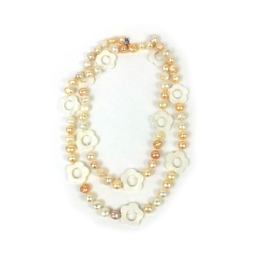 2647 - Fresh water and carved mother of pearl necklace, 90cm long, together with a Tiffany & Co box