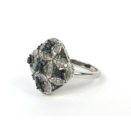 2612 - Silver blue and white diamond cocktail ring, size R, approximate weight 3.1g