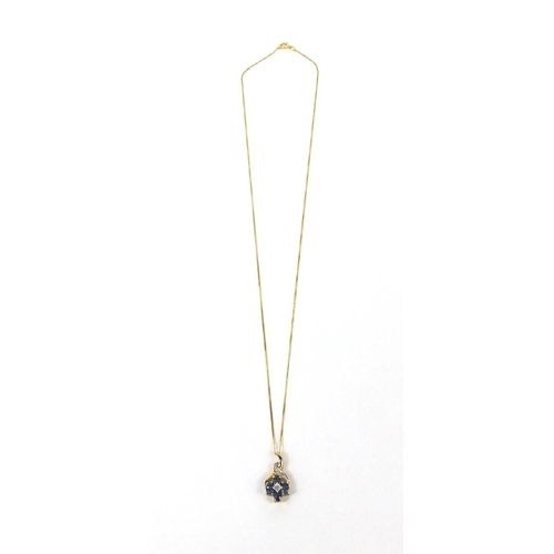 2611 - 9ct gold sapphire and diamond pendant on a 9ct gold necklace, the pendant 2cm long, approximate weig... 