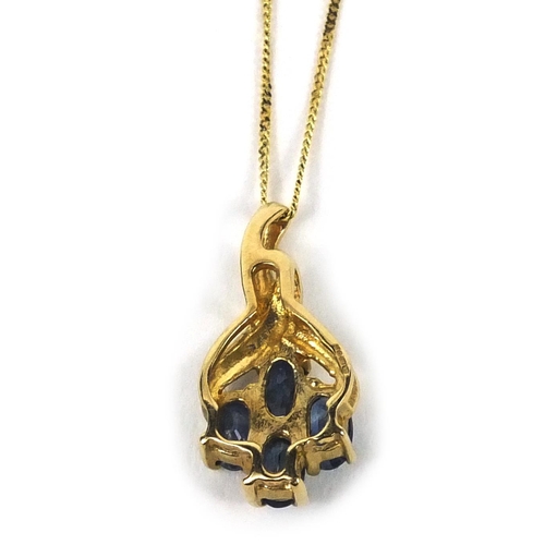 2611 - 9ct gold sapphire and diamond pendant on a 9ct gold necklace, the pendant 2cm long, approximate weig... 