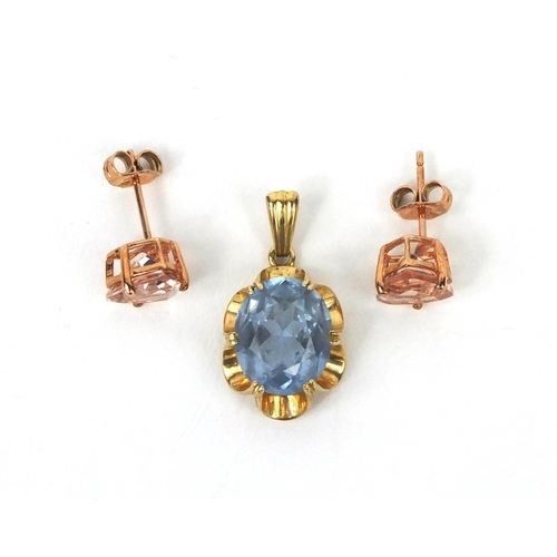 2642 - 9ct gold blue topaz pendant and a pair of 9ct gold pink cubic zirconia earrings, approximate weight ... 