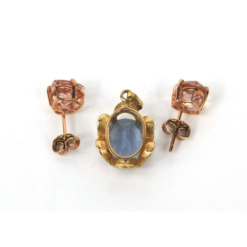 2642 - 9ct gold blue topaz pendant and a pair of 9ct gold pink cubic zirconia earrings, approximate weight ... 