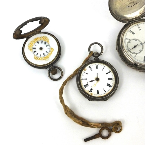 2520 - Four gentleman's and ladies silver pocket watches including a full hunter and one with enamelled cas... 