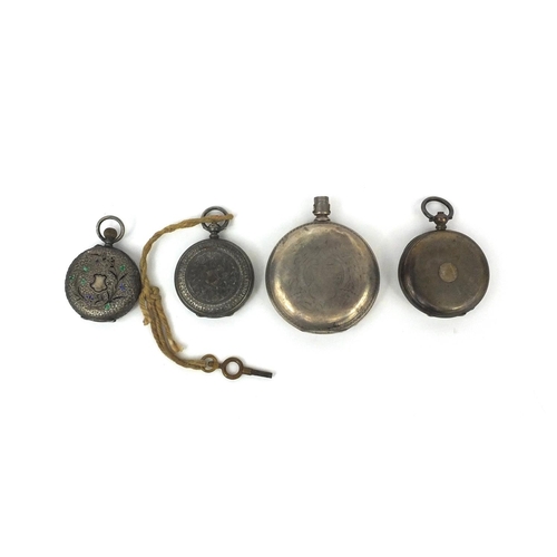 2520 - Four gentleman's and ladies silver pocket watches including a full hunter and one with enamelled cas... 