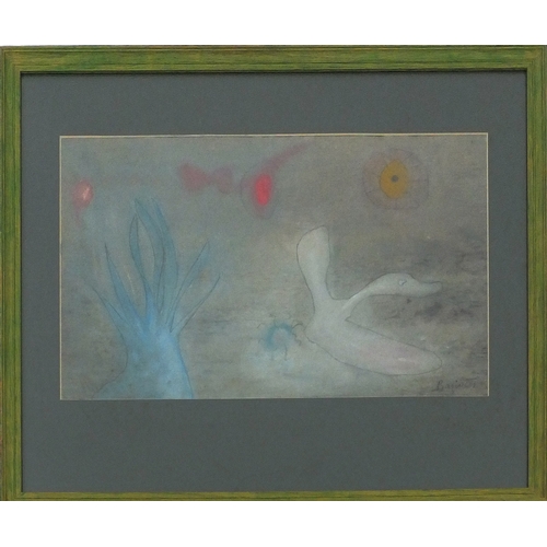 1207 - Pencil and watercolour onto paper, abstract composition, duck in flight, bearing an indistinct signa... 