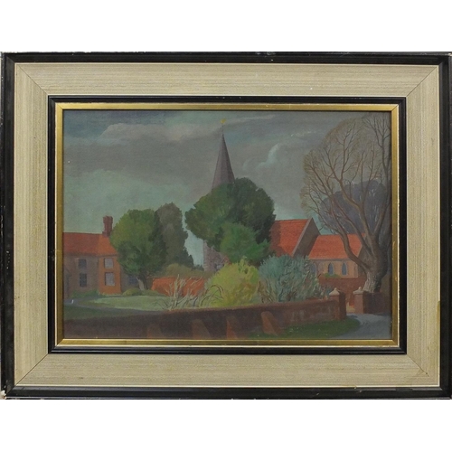 2310 - School of John Piper, oil onto canvas, church, inscribed John Piper verso, framed, 39cm x 28cm exclu... 