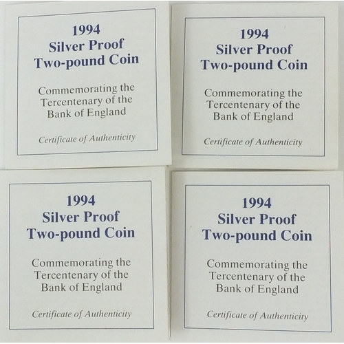 2733 - Four 1994 silver proof £2 coins commemorating the Tercentenary of The Bank of England, together with... 