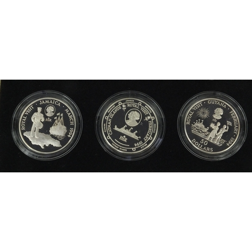 2720 - 1994 Caribbean Royal Visit silver proof collection including a Guyana $50 and a Belize $10 coin, wit... 