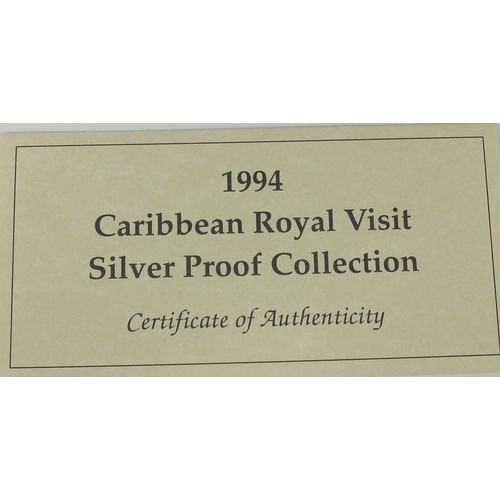 2720 - 1994 Caribbean Royal Visit silver proof collection including a Guyana $50 and a Belize $10 coin, wit... 