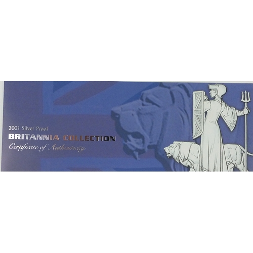 2721 - United Kingdom 2001 Britannia silver proof collection comprising one ounce, half ounce, quarter ounc... 