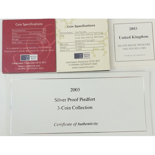 2727 - 2003 silver proof Piedfort three coin collection comprising £2, £1 and 50p coins, together with fitt... 