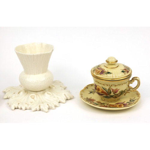 2140 - Collectable china comprising a Herend, hand painted double salt, Zsolnay Pecs lidded cup and saucer ... 