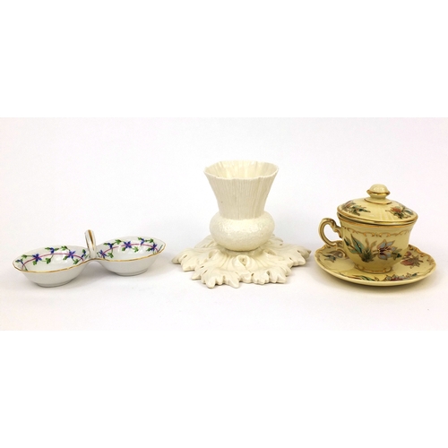 2140 - Collectable china comprising a Herend, hand painted double salt, Zsolnay Pecs lidded cup and saucer ... 