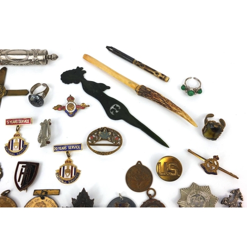 359 - Bag of objects including silver and enamel jewel, silver and enamel Union Isstrengh brooch, The Boys... 