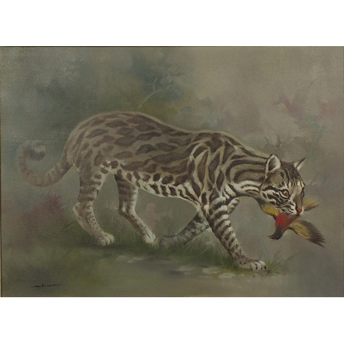 18 - Oil onto canvas Serval Cat, bearing an indistinct signature, mounted and gilt framed, 60cm x 43cm ex... 